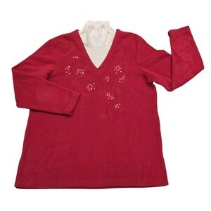Blair Red Fleece V Neck Embroidered Floral Beaded Tunic Top Women L XL